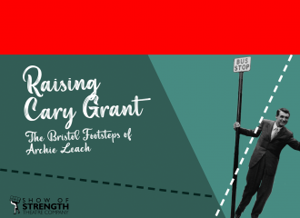 Flyer for Raising Cary Grant theatre walk, green background, white romantic font and an image of Cary Grant swinging out from a lamp post, thumbing a lift
