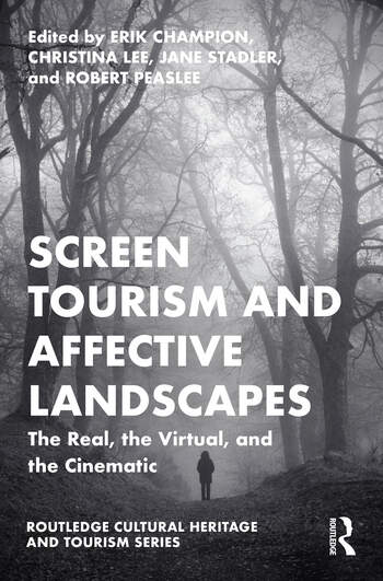 The book cover of Screen Tourism and Affective Landscapes is a black and white image of a misty forest, without leaves, with the small lonely figure of a person silhouetted in the foreground with title of the book in white bold capitals.